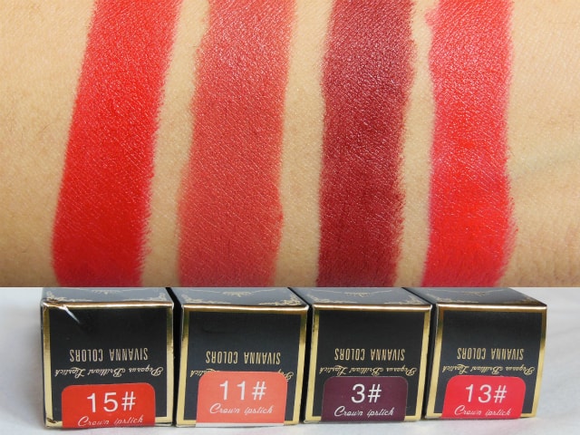 Sivanna Colors Gold Matte Lipstick Swatches with shades- 3, 11, 13, 15