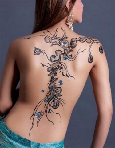 Embellished Feather Back Heena Tattoo Design for Back