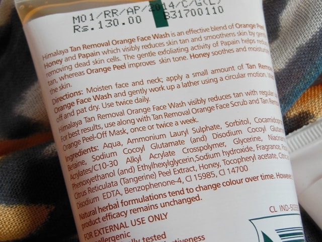 Himalaya Herbals Tan Removal Orange Face Wash Ingredients